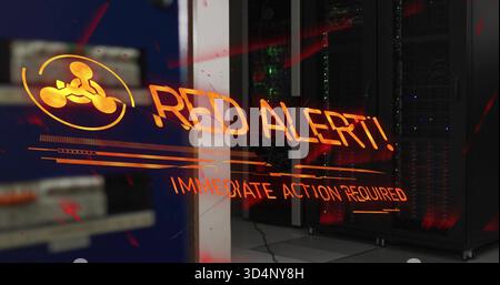 Glowing holographic RED ALERT warning floating on glass in server room, showing biohazard icon Stock Photo