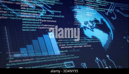 Displaying analytics dashboard projecting data flow on dark grid backdrop, with globe, bars, code Stock Photo