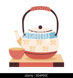 A colorful flat vector illustration of a traditional japanese teapot with a small cup and saucer for tea Stock Vector