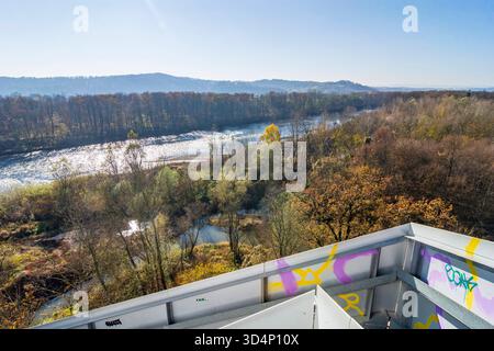 Murturm observation tower, ascent and descent intertwined as a double helix, a remarkable metal structure, offering views over the floodplain, the Mur Stock Photo