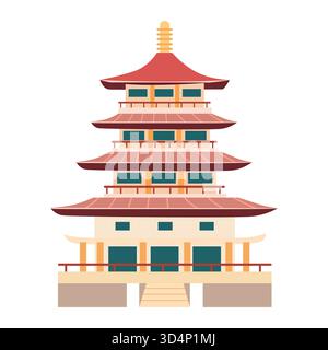 Simplified three-story traditional japanese pagoda building icon in flat vector illustration style isolated on a white background Stock Vector