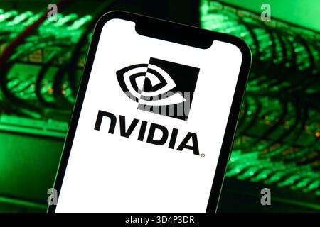 NVIDIA Logo on Smartphone with Server Hardware Background Stock Photo