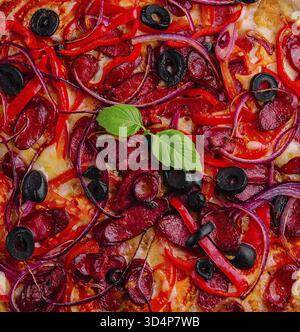 Food, Pizza with Bavarian sausages with bell pepper and red onion Stock Photo