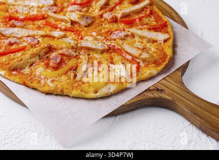 Food, Bavarian pizza with smoked sausages isolated Stock Photo