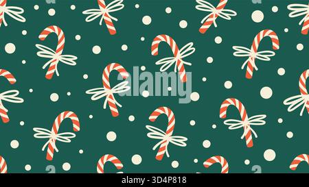 Christmas seamless pattern with candy canes, bows, and snowballs on a green background. Winter festive vector decor for wrapping paper, fabric, and bo Stock Vector