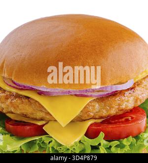 Food, Big hamburger with chicken cutlet on white background Stock Photo