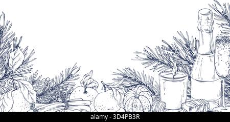 A Christmas text template featuring champagne, candles, tangerines, and winter pine branches. A hand-drawn monochrome line art graphic illustration Stock Vector