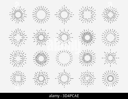 Starburst vintage set. 20 Vintage hipster light rays. Sunburst, sunrise, fireworks isolated on white background.  Retro line starburst for logo, label Stock Vector
