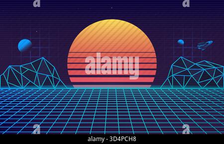 Retro futuristic 80's background. Retrowave background with retro sun, laser grid and cyber mountains. Vaporwave aesthetic. Vector illustration Stock Vector
