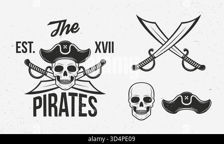Pirates icons set. Crossed swords, skull and pirate hat isolated on white background. Vintage pirate icons for logo. Vector illustration Stock Vector
