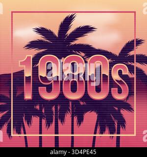 1980's poster design in retro outrun style. Synthwave, Vaporwave, Retrowave background with palm trees. 1980s Retro futuristic background with retro t Stock Vector