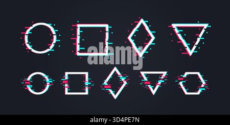 Glitch art concept. Set of 9 Distorted Glitch frames, backgrounds. Glitch music logo templates. Circle, square, triangle, rhombus and hexagon in disto Stock Vector