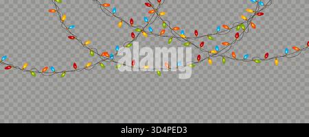 Hanging Christmas lights garland on transparent background. Realistic glowing multicolored light bulbs for New Year holiday decoration. Editable vecto Stock Vector