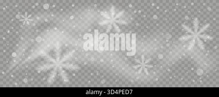 Falling snowflakes and bokeh lights overlay. Winter snow effect with blurred ice crystals and falling in light white flakes. Editable vector illustrat Stock Vector
