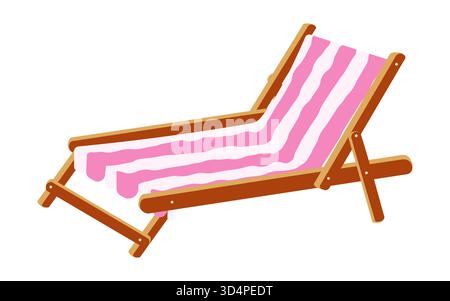 Beach chair with pink and white striped fabric on wooden frame. Wooden deck chair, chaise longue or beach recliner, isolated on a white background. Ed Stock Vector