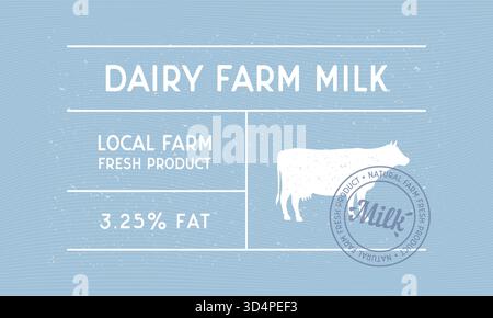 Dairy farm milk vintage label. Minimal design of old label with cow silhouette and stamp. Vintage sticker, label for farm products, logo. Stock Vector