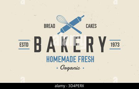 Bakery vintage logo or poster template.  Bakery shop vintage logo. Crossed whisk and rolling pin. Poster for Bakery, Kitchen, Cafe, Restaurant. Trendy Stock Vector