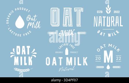 Oat Milk products labels, emblems and logos. Oat milk logo set with wheat icon, milk drop, bottle. Trendy vintage design. Vector illustration Stock Vector