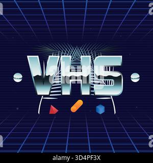 VHS outrun logo design. Chrome logo with palm leaves. Trendy retro 1980s style. Print for t-shirt, tee, typography. Synthwave, vaporwave, retrowave. V Stock Vector