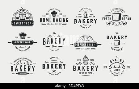 Bakery, Pastry shop logo set. 12 bakery emblems, labels, badges. Baking, Cooking labels. Trendy vintage hipster design. Vector illustration Stock Vector