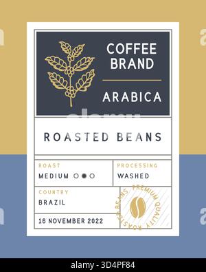 Coffee label for package design. Coffee roasted beans label. Coffee sticker template with coffee branch. Trendy design. Vector illustration Stock Vector