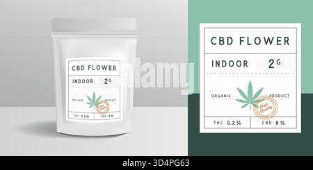 Medical Cannabis zip package, pouch mockup. Vintage trendy label, sticker template. CBD Flower zip package design. Zipper mockup template for logo, br Stock Vector