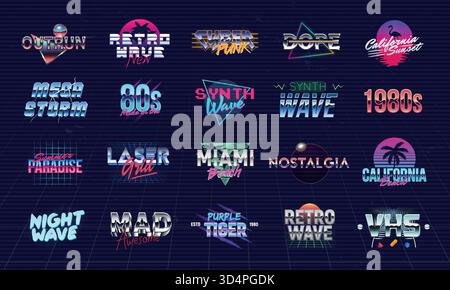 Vector Retro neon logo collection. Set of 20 colorful retro 80s logo templates. Prints for t-shirt, tee. Design for music cover, night club, summer pa Stock Vector