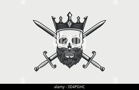 Death King logo, emblem. Skull with beard, crown and two crossed swords on background. Skeleton King. Vintage Print for t-shirt, tattoo. Vector illust Stock Vector