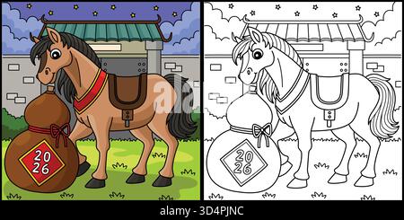 Year of the Horse 2026 with Mandarins Illustration Stock Vector