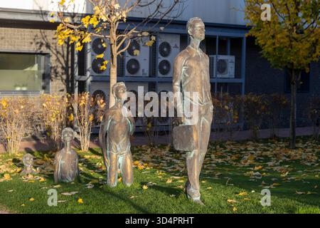 Kyiv, Ukraine, November 3, 2025: A contemporary sculptural installation depicting human figures, arranged in a dynamic composition, showcasing modern Stock Photo