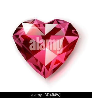 A heart-shaped ruby gemstone, intricately faceted, with shades of pink and red, on a white background with subtle shadowing. Stock Vector