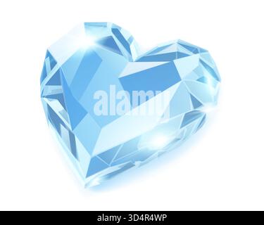 A digitally illustrated heart-shaped diamond with various shades of blue, reflecting light on its numerous facets, set against a white background. Stock Vector