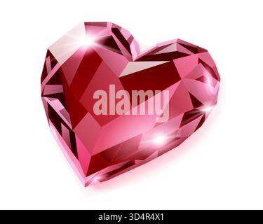 Illustration of a red heart-shaped gemstone with facets and sparkles on a white background. Stock Vector