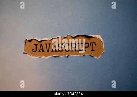 Top view of laptop with text Javascript. JavaScript inscription on laptop screen and keyboard. Learn programming language, computer courses, training. Stock Photo