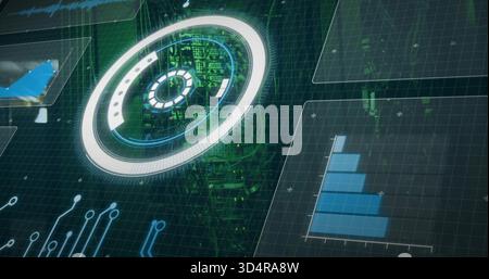 Projecting circular HUD floating over dark grid, showing circuitry tower and blue bar chart Stock Photo