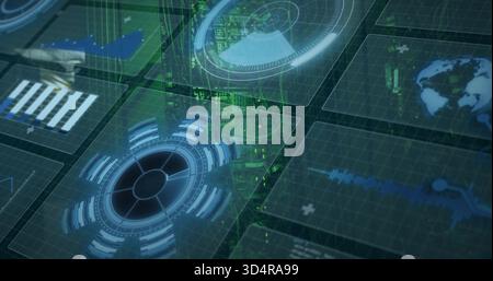 Showing large round blue HUD pulsing on virtual dash, panels, graphs, globe, green code-streams Stock Photo
