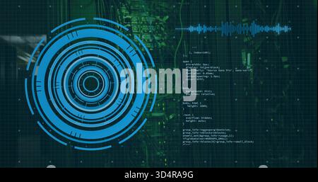 Displaying blue concentric HUD graphic scanning left side screen, with cyan waveform and white code Stock Photo