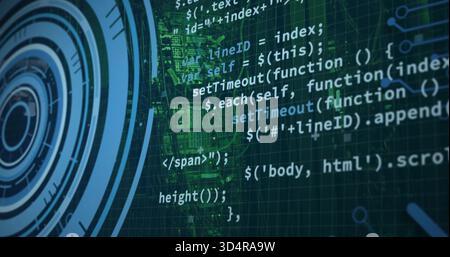 Displaying centered JavaScript and jQuery code on-screen grid, with large HUD and circuit traces Stock Photo