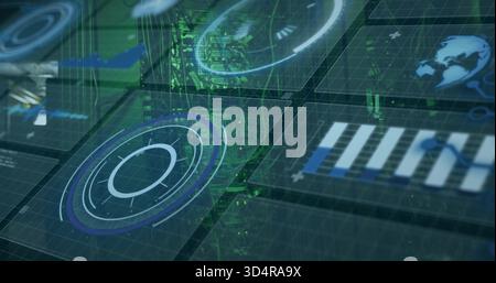 Displaying holographic data panels in 3D command hub, showing radar HUD, chart, globe Stock Photo