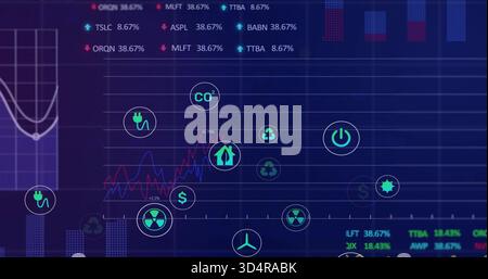 Displaying analytics dashboard with glowing line chart, grid and neon energy icons on screen Stock Photo