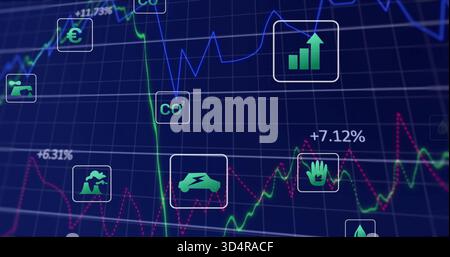 Displaying dashboard analytics on dark blue screen, showing colored line charts, CO2 and euro icons Stock Photo