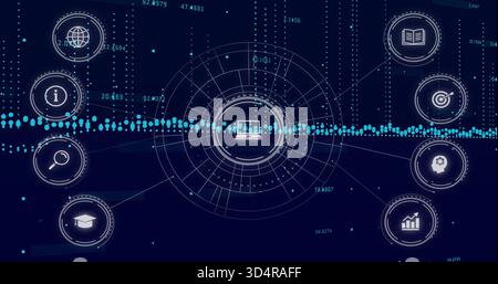 Displaying central HUD laptop icon radiating lines to peripheral icons on navy screen with waveform Stock Photo