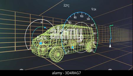 Displaying neon green wireframe SUV model rotating in virtual grid, showing speed HUD and route Stock Photo