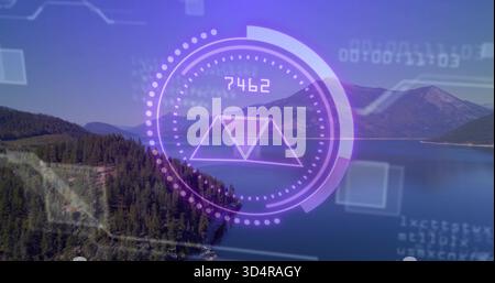 Floating translucent purple circular HUD overlay displaying dotted ring prism 7462 over alpine lake Stock Photo
