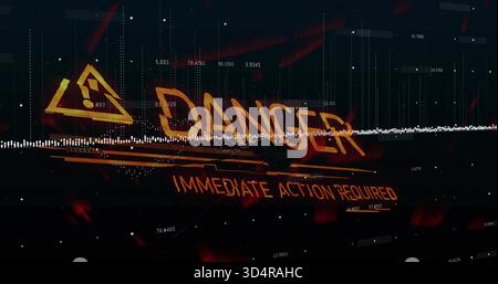 Displaying large glowing DANGER graphic on HUD, showing triangular hazard icon and waveform Stock Photo