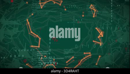 Displaying central dark void pulsing within orange node chains in data interface, streaming bits Stock Photo