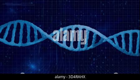 Displaying blue DNA double helix across digital grid, showing letters and glowing points Stock Photo