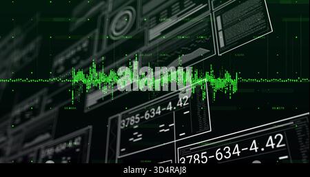 Displaying neon-green waveform across virtual HUD center, showing numeric readouts dotted gridlines Stock Photo