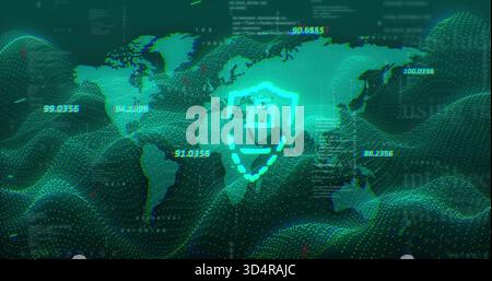 Floating neon teal padlock hovering on dotted world map, streaming data and numeric labels Stock Photo