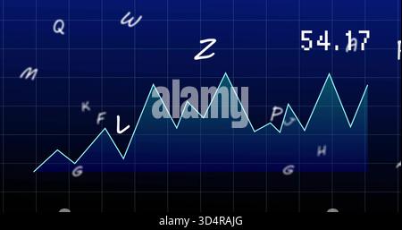 Displaying jagged light-cyan line chart on digital display, showing filled area, nodes, label 54 Stock Photo